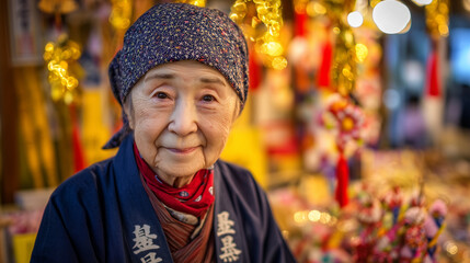 Portrait of a senior Japanese woman, a vendor with a gentle smile at the traditional Asakusa Tori no Ichi festival in Tokyo, Japan