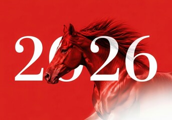 Majestic horse and the year 2026 on a vibrant red background