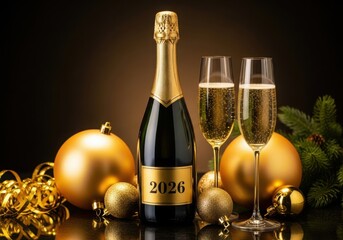 Champagne bottle and glasses with golden ornaments for new year celebration