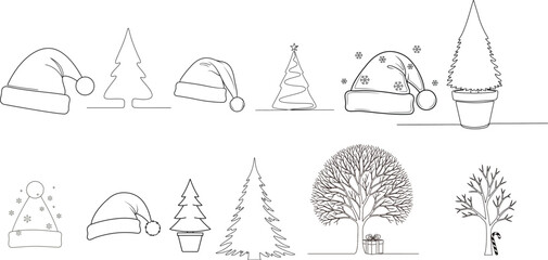 Collection of hand drawn winter trees and festive santa hats in a simple line art style