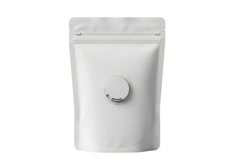 Blank white stand up pouch with zipper and circular seal isolated on transparent background