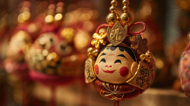 Vibrant traditional Japanese good luck charm at the bustling Asakusa Tori no Ichi market in Japan, symbolizing prosperity and festive cultural celebration