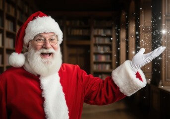 Jolly santa claus in a library with sparkling lights