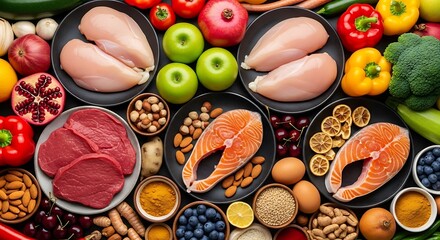 Array of nutrient-rich foods lean proteins, vibrant fruits, and fresh vegetables for a balanced and healthy lifestyle