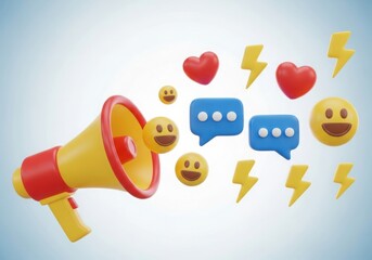 Megaphone spreading social media icons and emojis