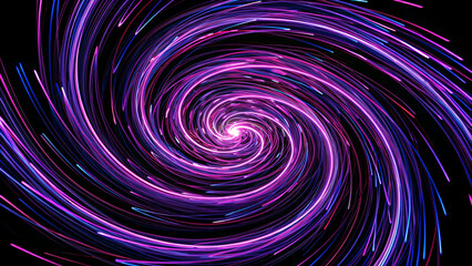 Obraz premium Dynamic futuristic abstract spiral vortex of glowing purple and blue neon light trails, representing data flow, cyberspace, and high-speed technology.