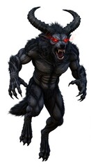 Ferocious dark monster creature with glowing red eyes and prominent curved horns lunging forward