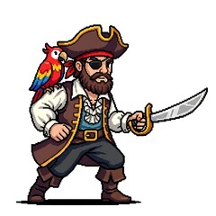 Pixel art pirate with parrot and sword ready