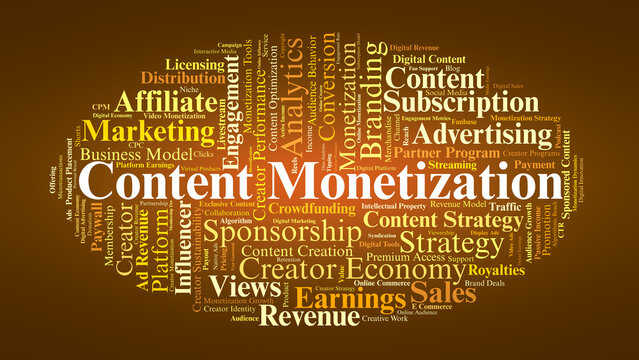 Content Monetization Word Cloud. Composition Of Terms Related To Creator Income, Advertising, Strategy, Revenue Streams, And Digital Engagement In The Online Economy.