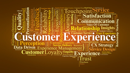 Customer Experience Word Cloud. Key Concepts On Satisfaction, Loyalty, Trust, Engagement, And Relationship Building Across The Entire Customer Journey.