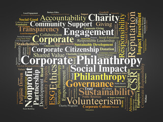 Corporate Philanthropy Word Cloud. Key Concepts Of Social Impact, Responsibility, And Ethical Corporate Giving.