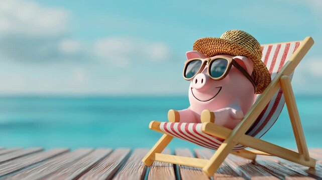Playful pig figurine relaxing on deck chair by the beach, camera zooms in on joyful expression