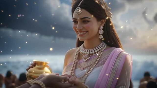 Goddess Lakshmi pours amrit nectar from a golden pot, radiating divine blessings, prosperity, and celestial abundance.