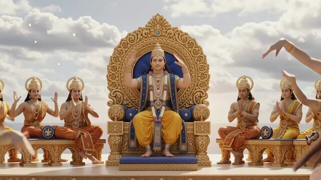 A heavenly assembly of Devas gathers before the Lord, radiating divine reverence, celestial harmony, and spiritual majesty.