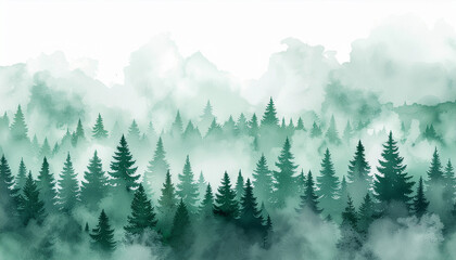 Fototapeta premium Layers of pine tree silhouettes in a foggy, green watercolor style, creating a misty and atmospheric forest landscape background.