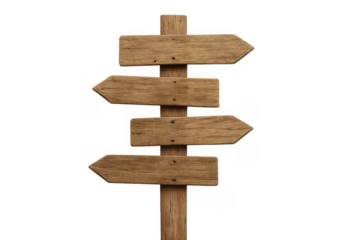 Wooden signpost with four blank arrow signs providing multiple choices and directions. Transparent background