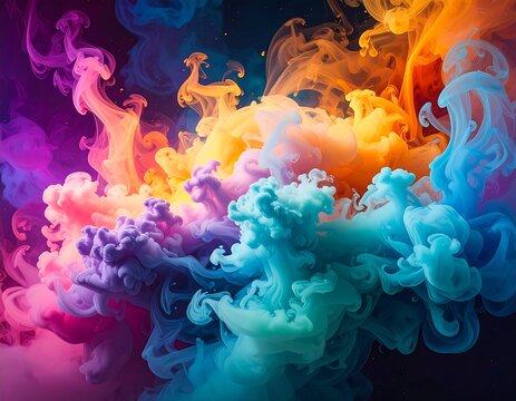 Colorful, abstract smoke-like shapes swirling against a dark backdrop