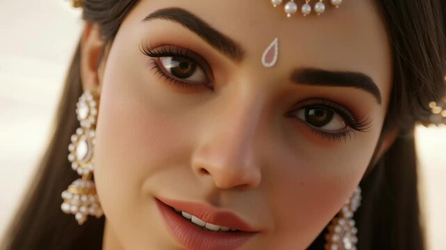 Closeup of Lakshmi Devi smiling radiates divine feminine energy, grace, and celestial charm.