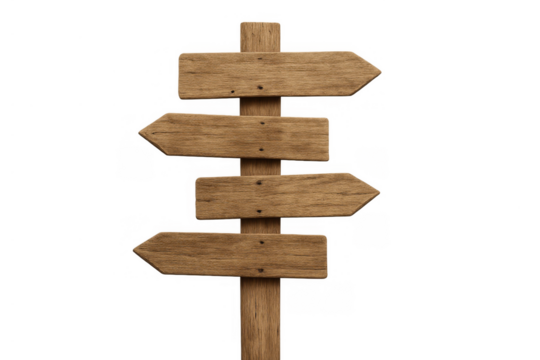 Wooden signpost with four blank arrow signs providing multiple choices and directions. Transparent background