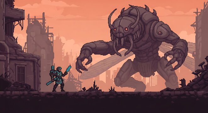 Hero fights giant insect monster in pixel art ruins