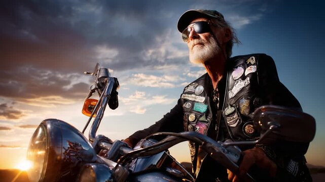 An adventurous, confident senior rider passionately embracing the freedom of the open road on his motorcycle, adorned with colorful patches under a dramatic sky at sunset.