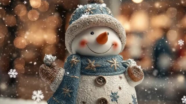 A charming decorative snowman figure stands prominently, adorned with a blue knitted hat and matching scarf featuring intricate snowflake patterns. Gentle, sparkling snow falls around the cheerful cha