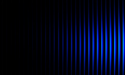 Abstract blue wave light pattern with glowing vertical gradient lines on black background, futuristic energy pulse digital design illustration
