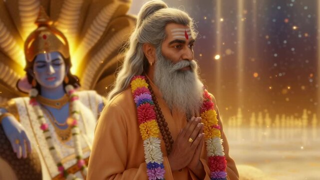 A rishi and devas witness the divine churning of the ocean, radiating awe, cosmic energy, and mythological grandeur.