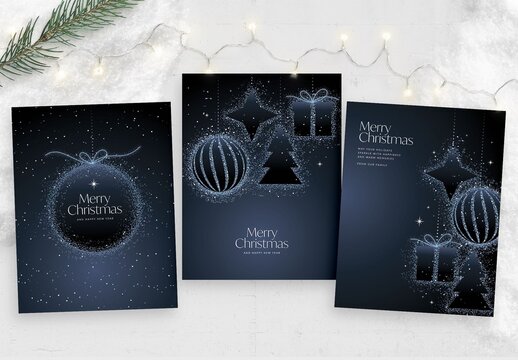 Christmas Flyer Template with Gift Tag Illustrations in Elegant Dark Starry Night Sky Theme