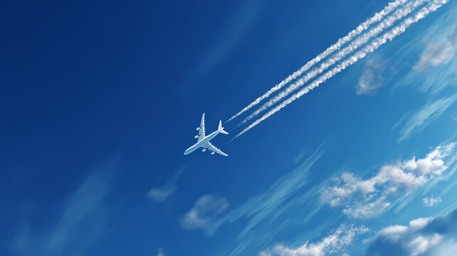 An airplane soaring through a vast, bright blue sky, leaving trails behind