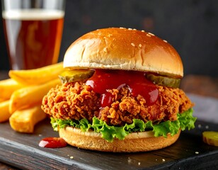 Crispy fried chicken sandwich with fries and a beverage