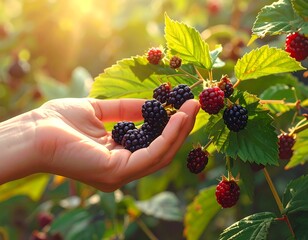 Hand holding ripe, plump berries from a sunlit, leafy plant