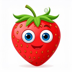 Obraz premium A cartoon strawberry with big blue eyes, a wide smile, and a wink, set against a white background