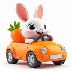 A cheerful cartoon rabbit drives a tiny orange car loaded with carrots