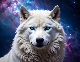 Obraz premium Close-up of majestic white wolf with striking blue eyes, galaxy background
