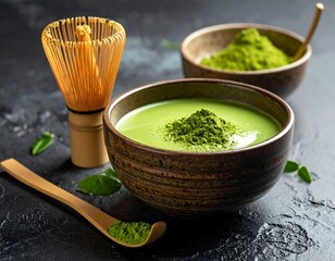 Close-up of matcha tea in a ceramic bowl with bamboo whisk and spoon