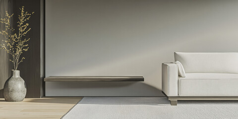 Modern interior design showcases minimalism with a serene living room setting featuring a stylish couch and natural decor