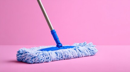 Blue mop with metallic handle against a bright pink background