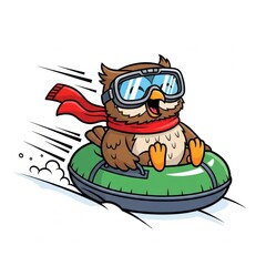 A cartoon owl wearing goggles and a red scarf riding a tube