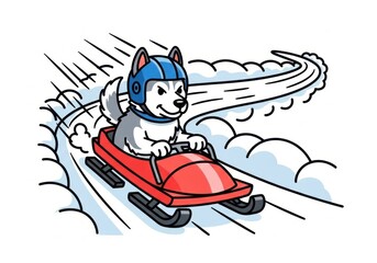 Naklejka premium A cartoon dog riding a sled in the snow