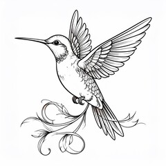 Fototapeta premium Delicate black and white illustration of a hummingbird in flight with ornate floral embellishments