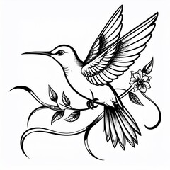 Fototapeta premium Delicate hummingbird poised on a flowering branch, rendered in a stylized, elegant black and white line art