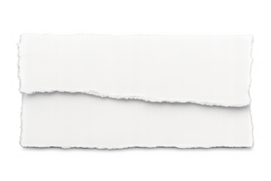 White torn paper piece with ripped edges creating a blank note scrap, separated in two parts on a transparent background