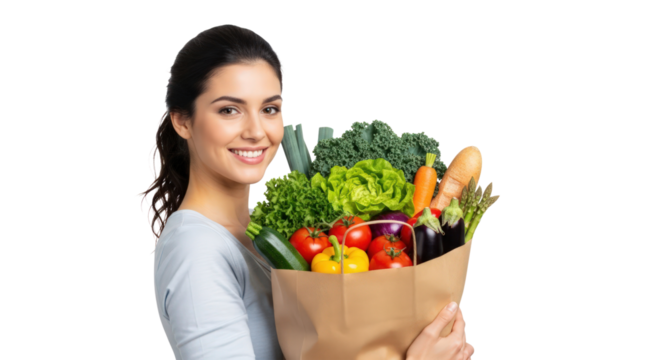 A happy young woman holding a paper bag full of fresh vegetables isolated on a transparent background