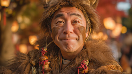 Captivating Portrait of a Man at the Awa no Tanuki Festival in Japan A Cultural Celebration of Tradition and Festivity, Showcasing Unique Attire and Joyful Expressions
