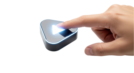 A finger pressing a play button on a modern device isolated on a transparent background for media control