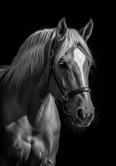 Obraz premium A black and white photo of a horse with a bridle