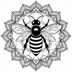 Stylized bee with wings outstretched over intricate geometric mandala pattern