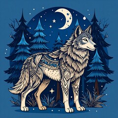 Majestic wolf with intricate patterns stands in a starry, moonlit forest