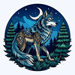 Majestic wolf, ornate fur, moonlit forest, starry night